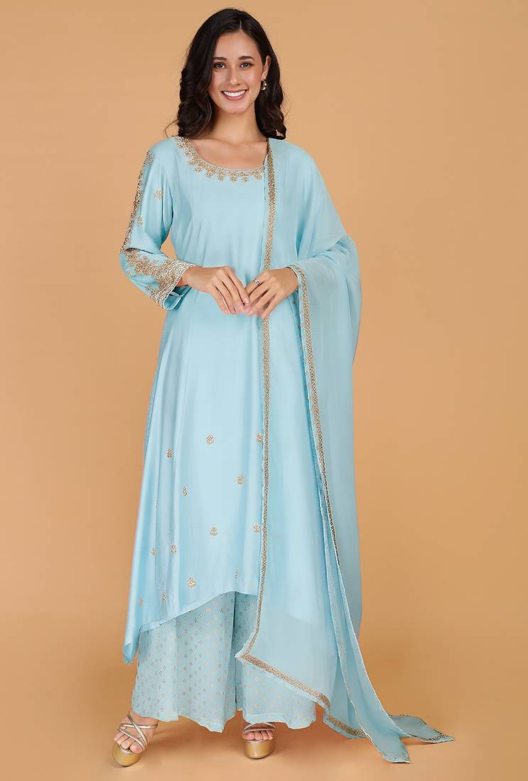 Light blue katan silk sharara set with beads and pearl embroidery
