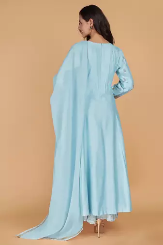 Light blue katan silk sharara set with beads and pearl embroidery