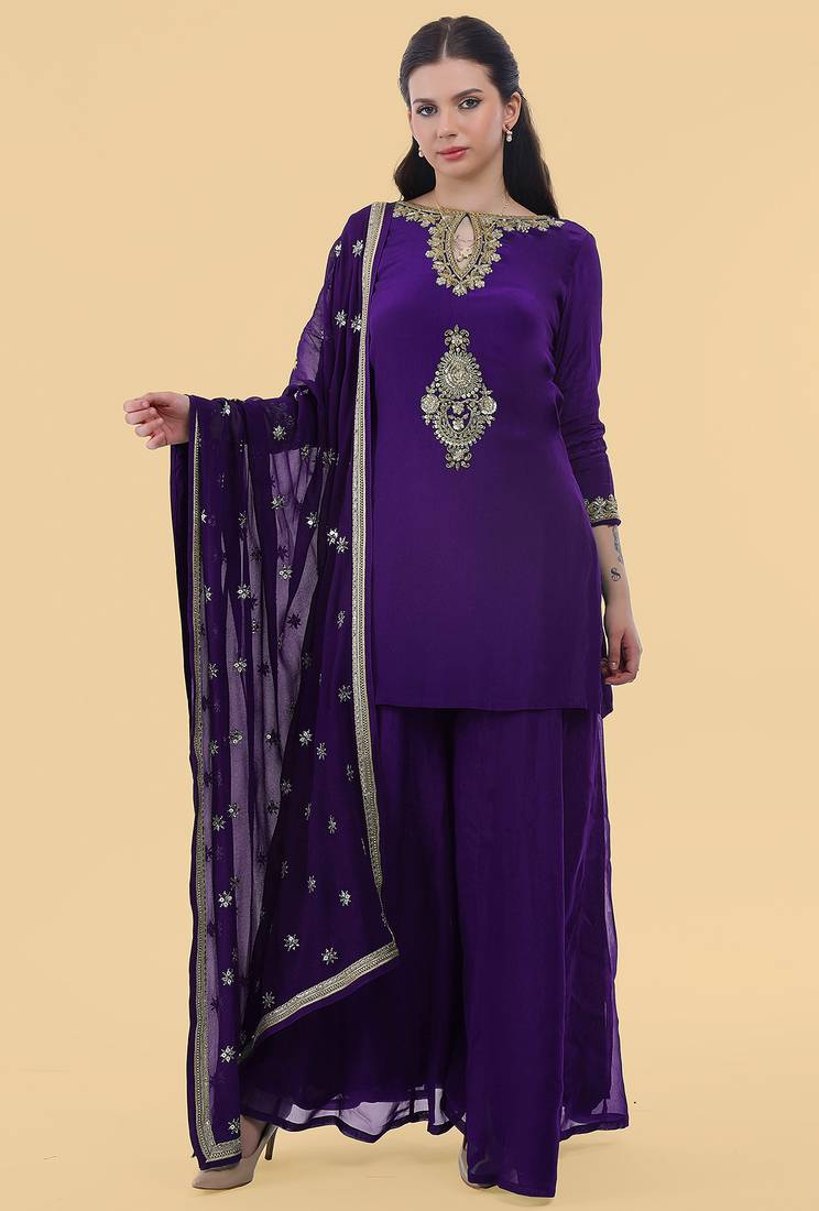 Purple crepe kurta sharara set