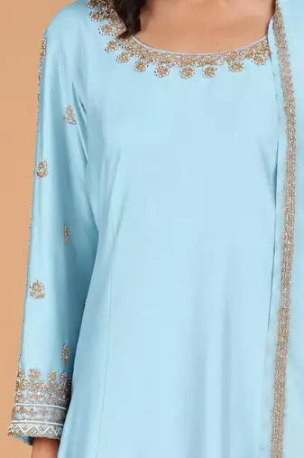 Light blue katan silk sharara set with beads and pearl embroidery