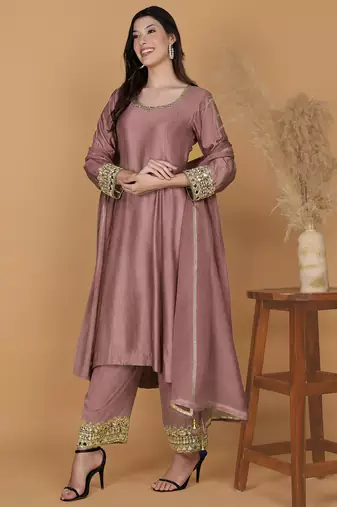 Earthy Pink Self Katan Kurta and Pant with Mirror Work and Georgette Dupatta