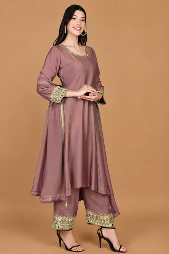 Earthy Pink Self Katan Kurta and Pant with Mirror Work and Georgette Dupatta