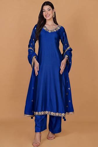 Royal blue self katan kurta pant set with cutdana pearl mirror embroiderey and dupatta