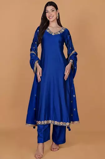 Royal blue self katan kurta pant set with cutdana pearl mirror embroiderey and dupatta