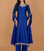 Royal blue self katan kurta pant set with cutdana pearl mirror embroiderey and dupatta