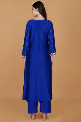 Royal blue self katan kurta pant set with cutdana pearl mirror embroiderey and dupatta 2
