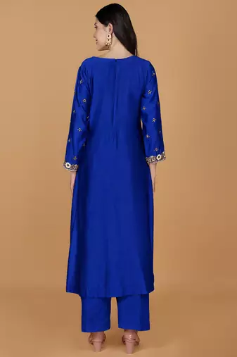 Royal blue self katan kurta pant set with cutdana pearl mirror embroiderey and dupatta