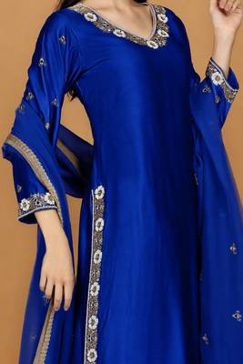 Royal blue self katan kurta pant set with cutdana pearl mirror embroiderey and dupatta 3