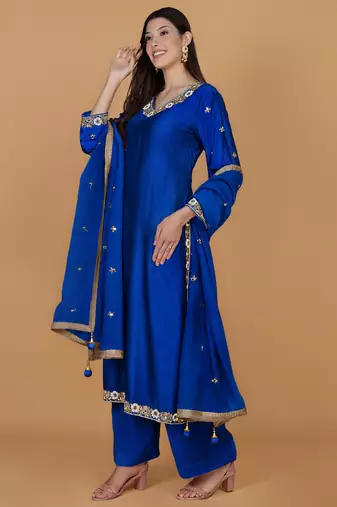 Royal blue self katan kurta pant set with cutdana pearl mirror embroiderey and dupatta