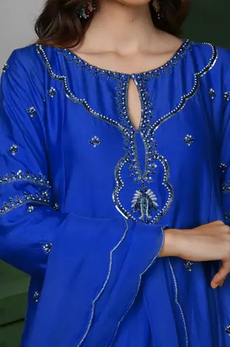 Royal blue katan silk kurta set with cutdana and sequins work