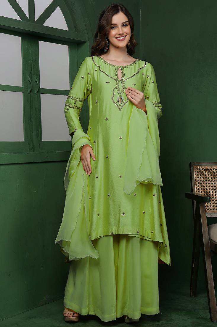 Light green katan silk kurta set with cutdana and sequins work