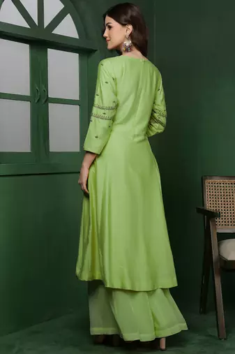 Light green katan silk kurta set with cutdana and sequins work