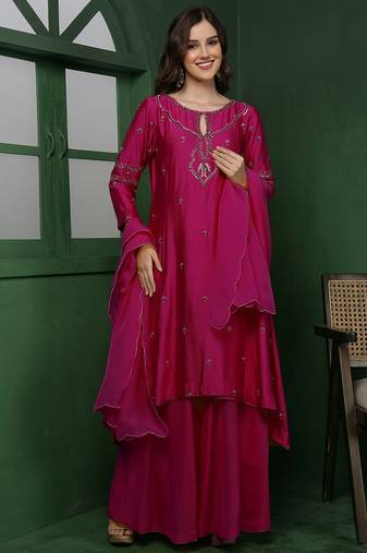 Wine katan silk kurta set with cutdana and sequins work