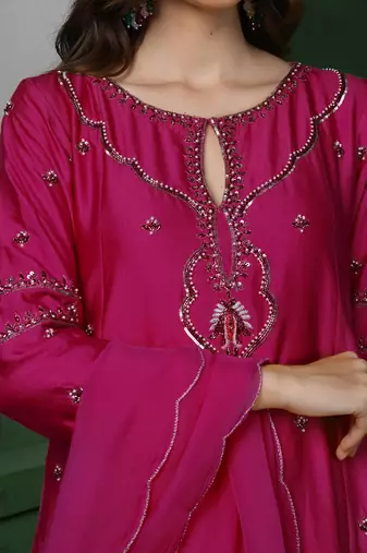 Wine katan silk kurta set with cutdana and sequins work