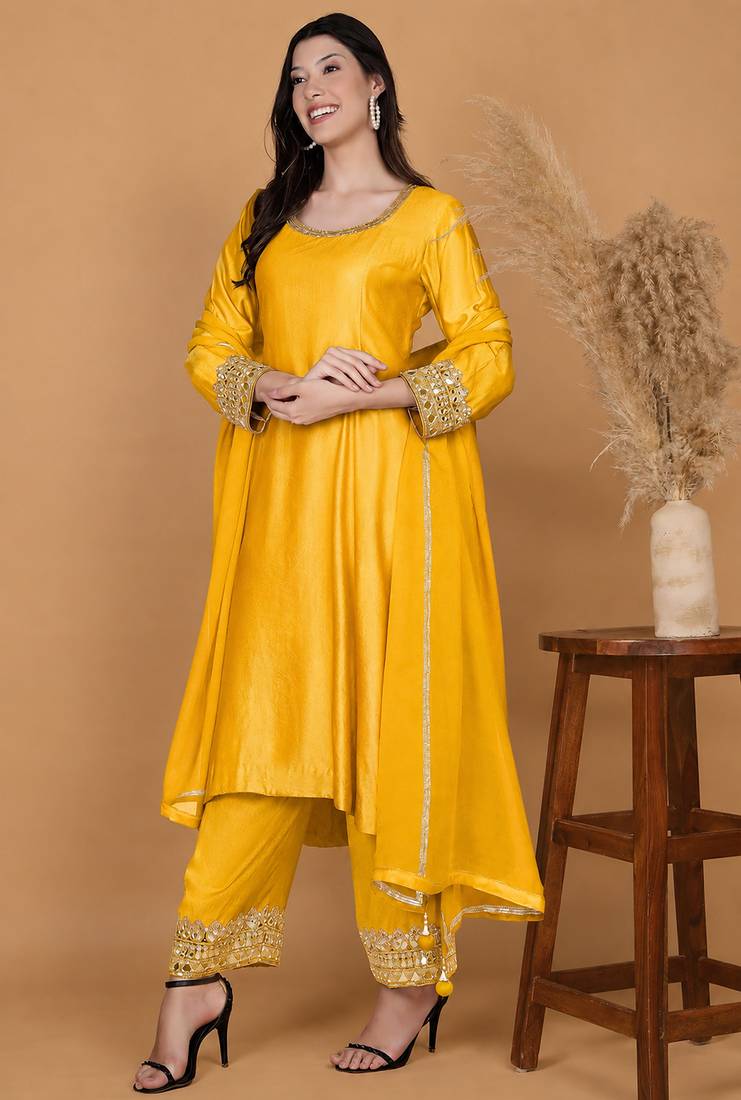 Yellow mustard self katan kurta and pant with mirror work and georggette dupatta