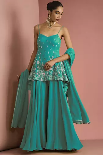 Sea  green crepe bead work sharara set