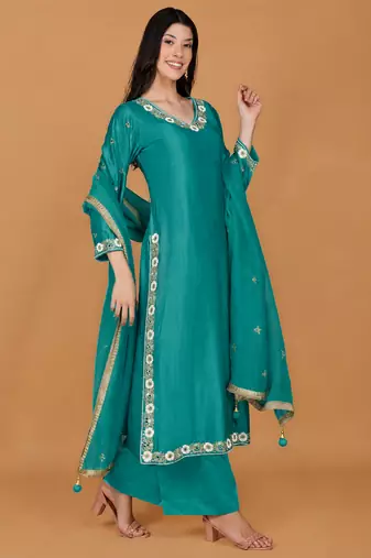 Teal self katan kurta pant set with cutdana pearl mirror embroiderey and dupatta