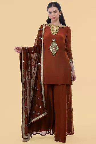 Brown crepe kurta sharara set with hand embroidery