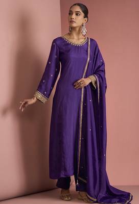 Dark purple opara silk pearl cutdana work three piece set 5