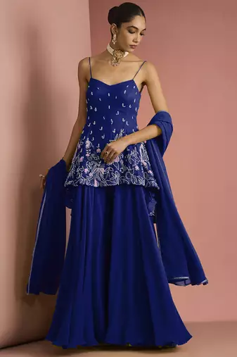 Dark blue  crepe bead work sharara set