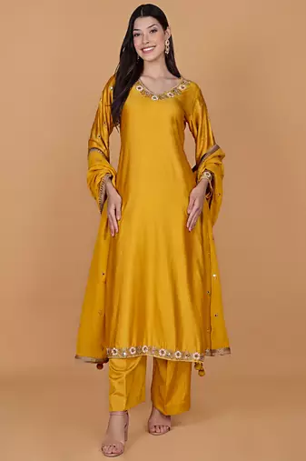 Mustard self katan kurta pant set with cutdana pearl mirror embroiderey and dupatta