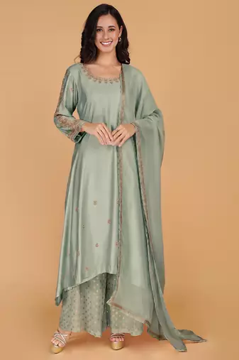 Olive green katan silk sharara set with beads and pearl embroidery