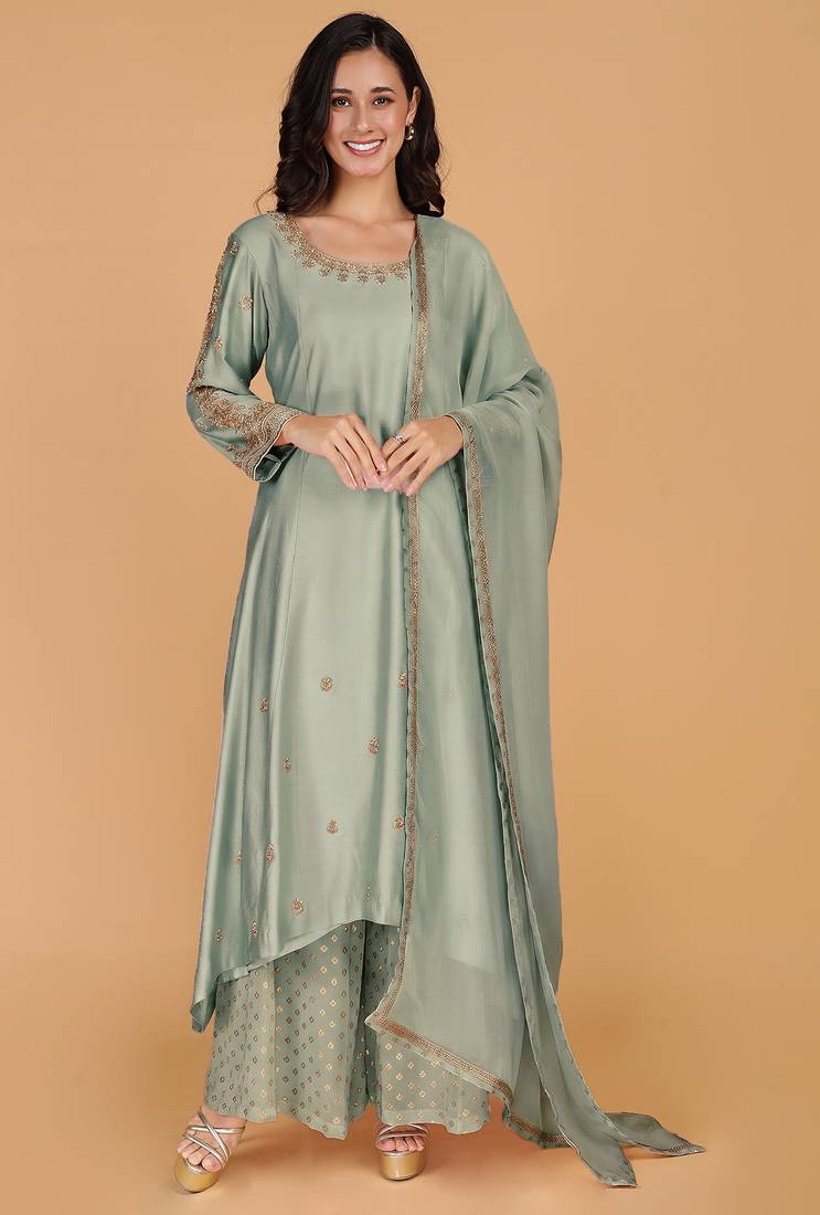 Olive green katan silk sharara set with beads and pearl embroidery