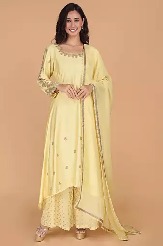 Light yellow katan silk sharara set with beads and pearl embroidery