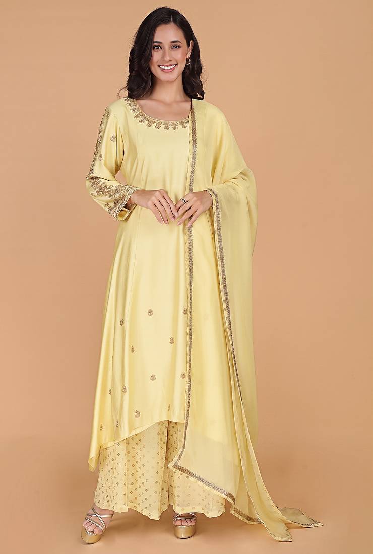 Light yellow katan silk sharara set with beads and pearl embroidery