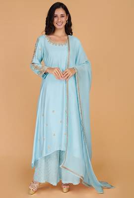 Light blue katan silk sharara set with beads and pearl embroidery 5