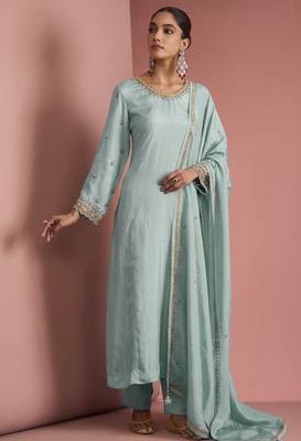 Light teal opara silk pearl cutdana work three piece set 5