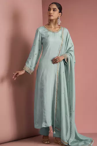Light teal opara silk pearl cutdana work three piece set