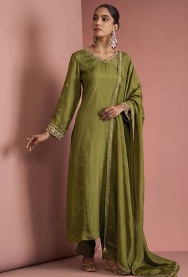 Mehendi green opara silk pearl cutdana work three piece set 5