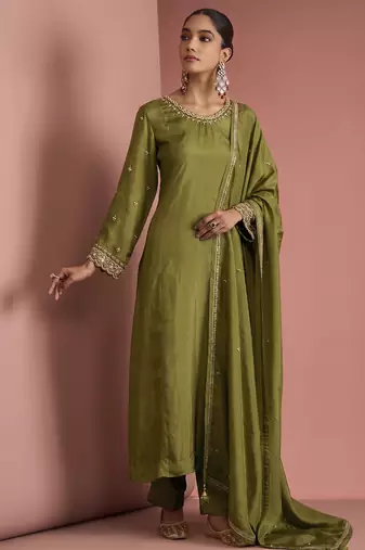 Mehendi green opara silk pearl cutdana work three piece set