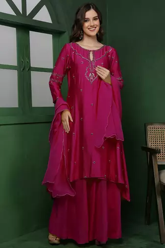Wine katan silk kurta set with cutdana and sequins work