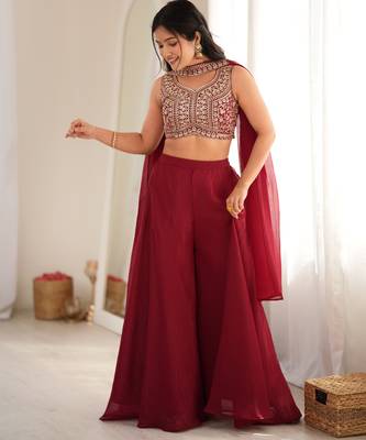 Maroon heavy embroidered crop top with flared palazzo & dupatta for women | wedding wear 1