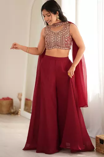 Maroon heavy embroidered crop top with flared palazzo & dupatta for women | wedding wear
