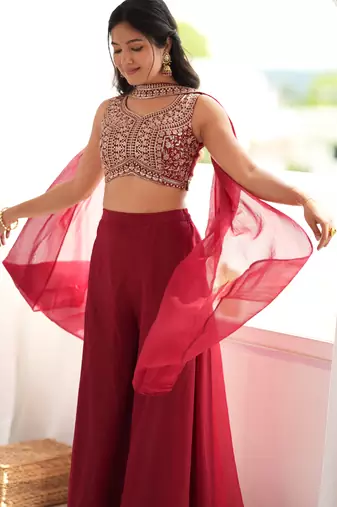Maroon heavy embroidered crop top with flared palazzo & dupatta for women | wedding wear