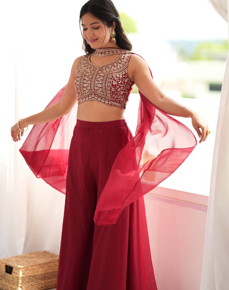 Maroon heavy embroidered crop top with flared palazzo & dupatta for women | wedding wear