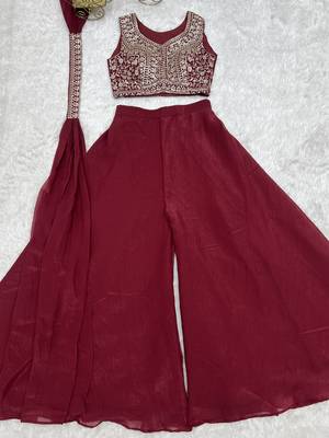 Maroon heavy embroidered crop top with flared palazzo & dupatta for women | wedding wear 3