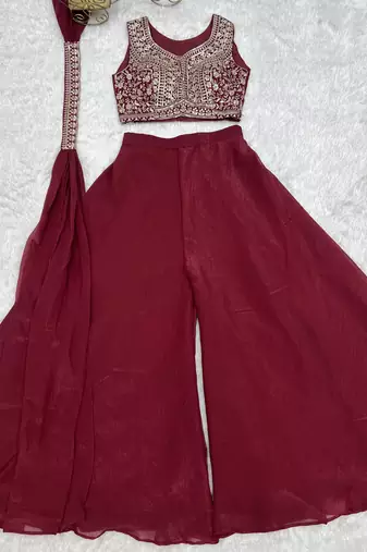 Maroon heavy embroidered crop top with flared palazzo & dupatta for women | wedding wear