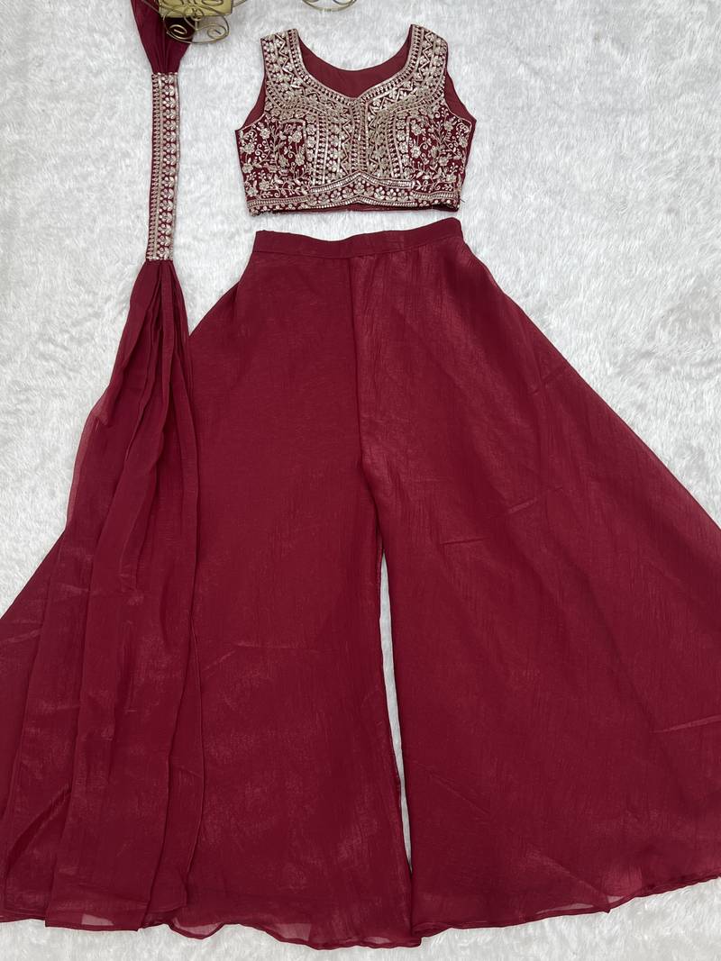 Maroon heavy embroidered crop top with flared palazzo & dupatta for women | wedding wear