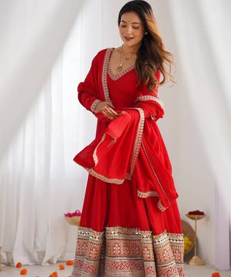 Designer red anarkali kurta pant set for women | premium ethnic wear 1