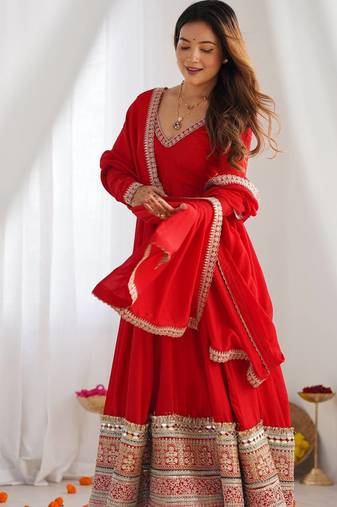 designer red anarkali kurta pant set for women   premium ethnic wear