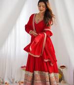 Designer red anarkali kurta pant set for women | premium ethnic wear