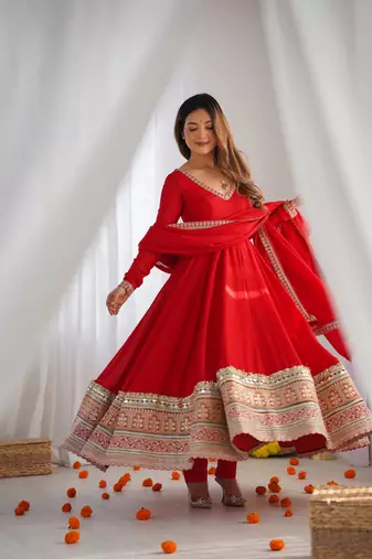 Designer red anarkali kurta pant set for women | premium ethnic wear