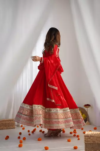 Designer red anarkali kurta pant set for women | premium ethnic wear