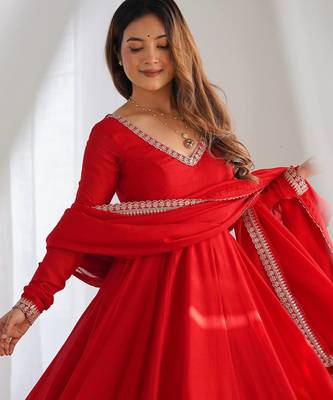 Designer red anarkali kurta pant set for women | premium ethnic wear 4