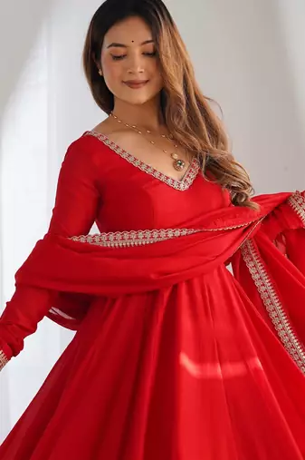 Designer red anarkali kurta pant set for women | premium ethnic wear
