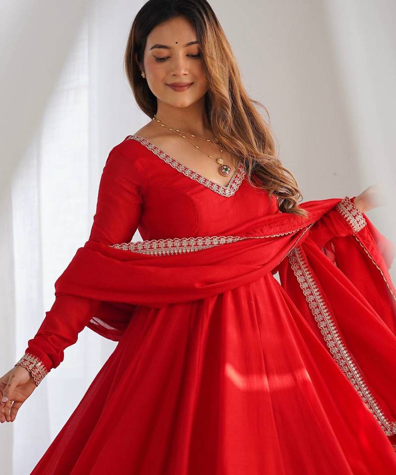 Designer red anarkali kurta pant set for women | premium ethnic wear